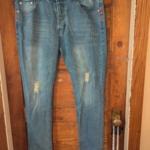 Blue and Red Slim Jeans with Distressed Style